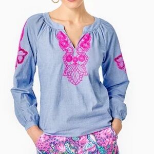 NWT Lilly Pulitzer Amabella Top Chambray with Pink Embroidery Sz XXS